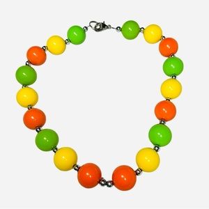 Chunky Large Beaded Necklace 18” 1960s 1970s Retro Boho Round Orange Green Yello
